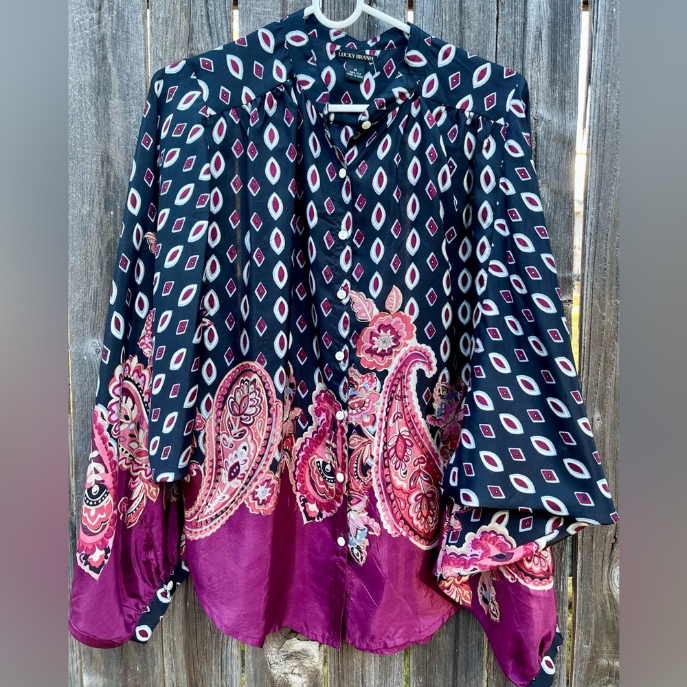 Lucky Brand 100% Silk Geometric Blouse - Black and Red